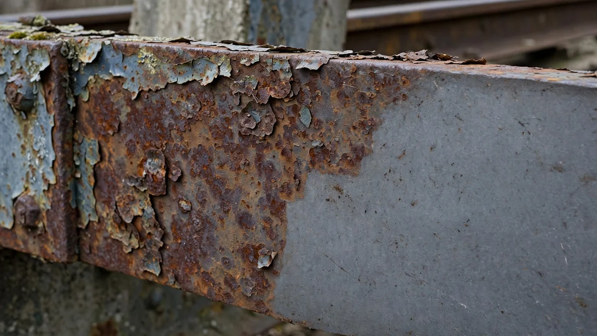 Zbliżenie na stalowy dźwigar: z lewej łuszcząca się farba i pomarańczowa rdza, z prawej odsłonięty szary metal