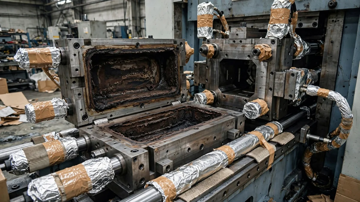Otwarta forma wtryskowa w prasie, gniazdo pokryte spieczonym brązowym osadem, prowadnice i siłowniki wokół owinięte folią aluminiową i tekturą