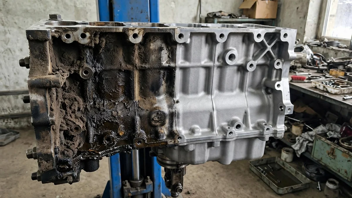 Mechanik w goglach i ochronnikach słuchu czyści blok silnika w warsztacie, dół bloku wciąż pokryty czarnym smarem